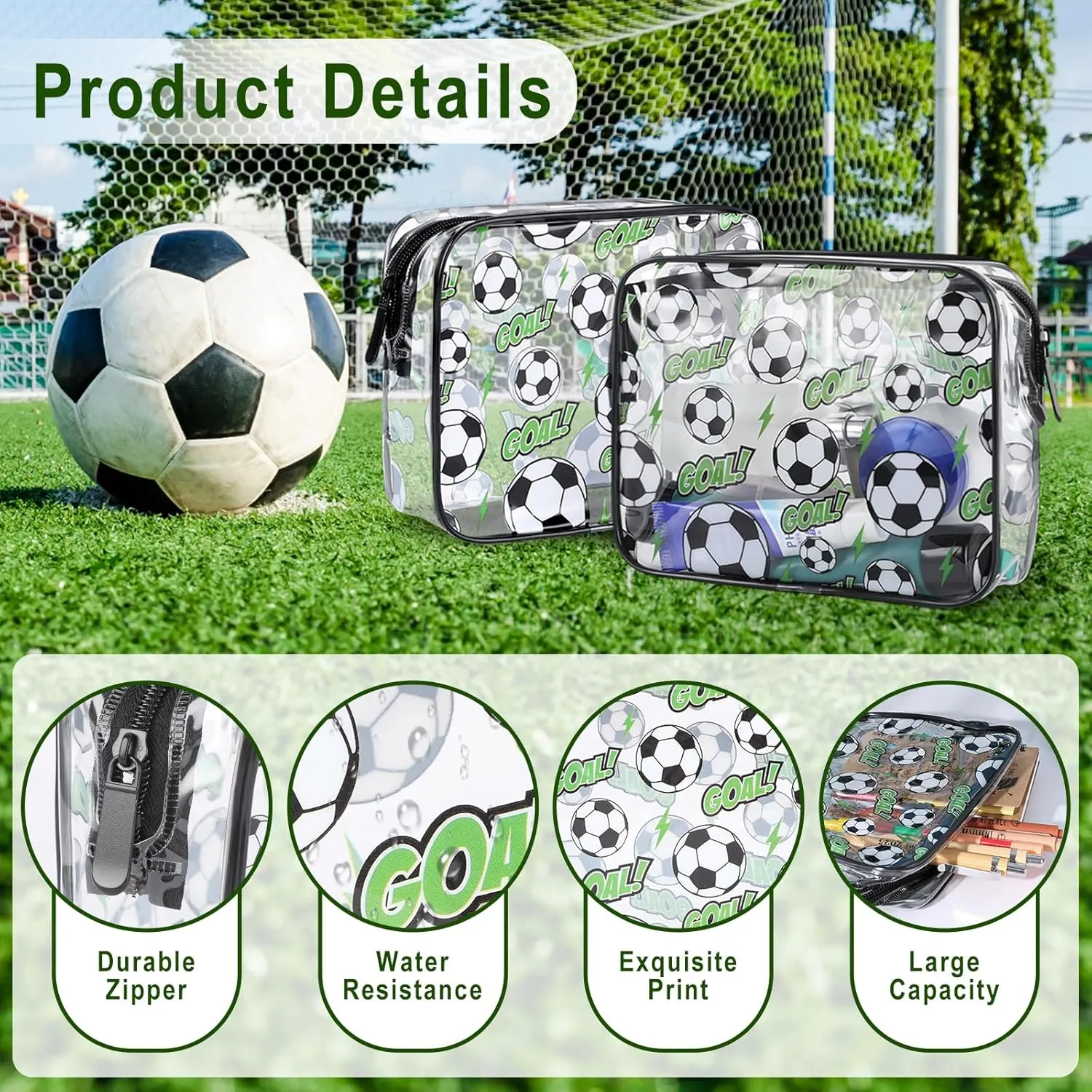 10 Pcs Soccer Clear Makeup Bags Sport Theme Cosmetic Toiletry Bag Bulk Waterproof PVC Multifunction Pouch with Zipper Gifts for Girls Women Youth Team Party Travel