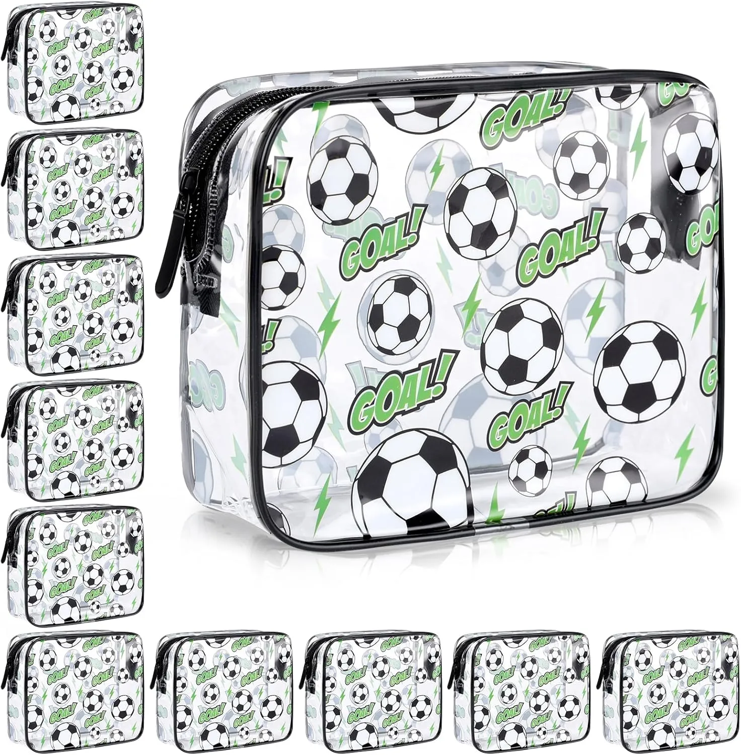 10 Pcs Soccer Clear Makeup Bags Sport Theme Cosmetic Toiletry Bag Bulk Waterproof PVC Multifunction Pouch with Zipper Gifts for Girls Women Youth Team Party Travel