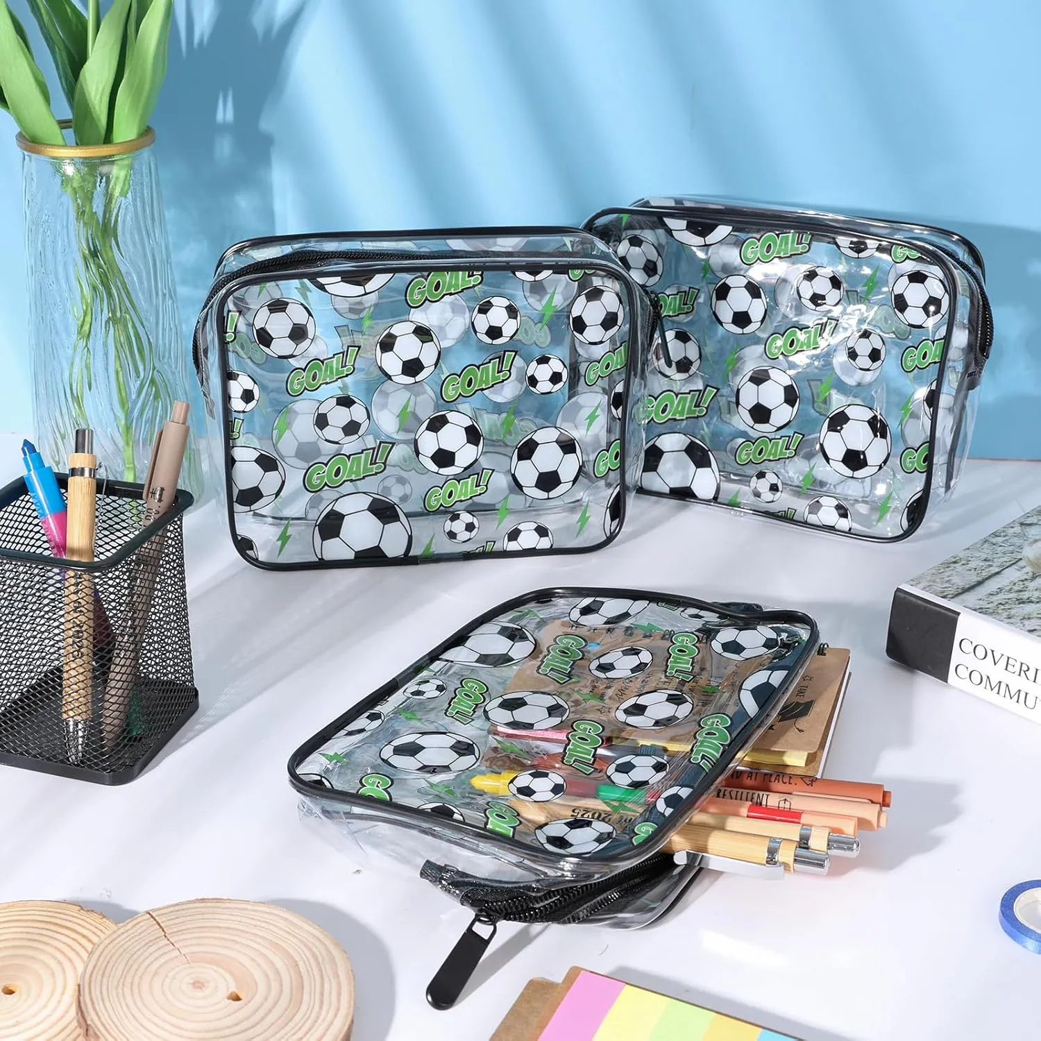 10 Pcs Soccer Clear Makeup Bags Sport Theme Cosmetic Toiletry Bag Bulk Waterproof PVC Multifunction Pouch with Zipper Gifts for Girls Women Youth Team Party Travel
