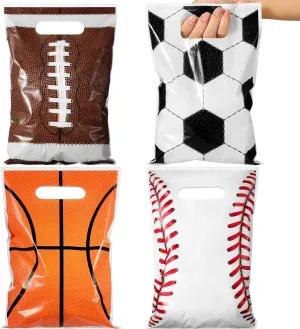 100 Pcs Football Sports Party Favor Bags Soccer Candy Gift Plastic Goodie Treat Bags Bulk with Handles for Baseball Basketball Theme Event Gift Bag Birthday Supplies Decorations