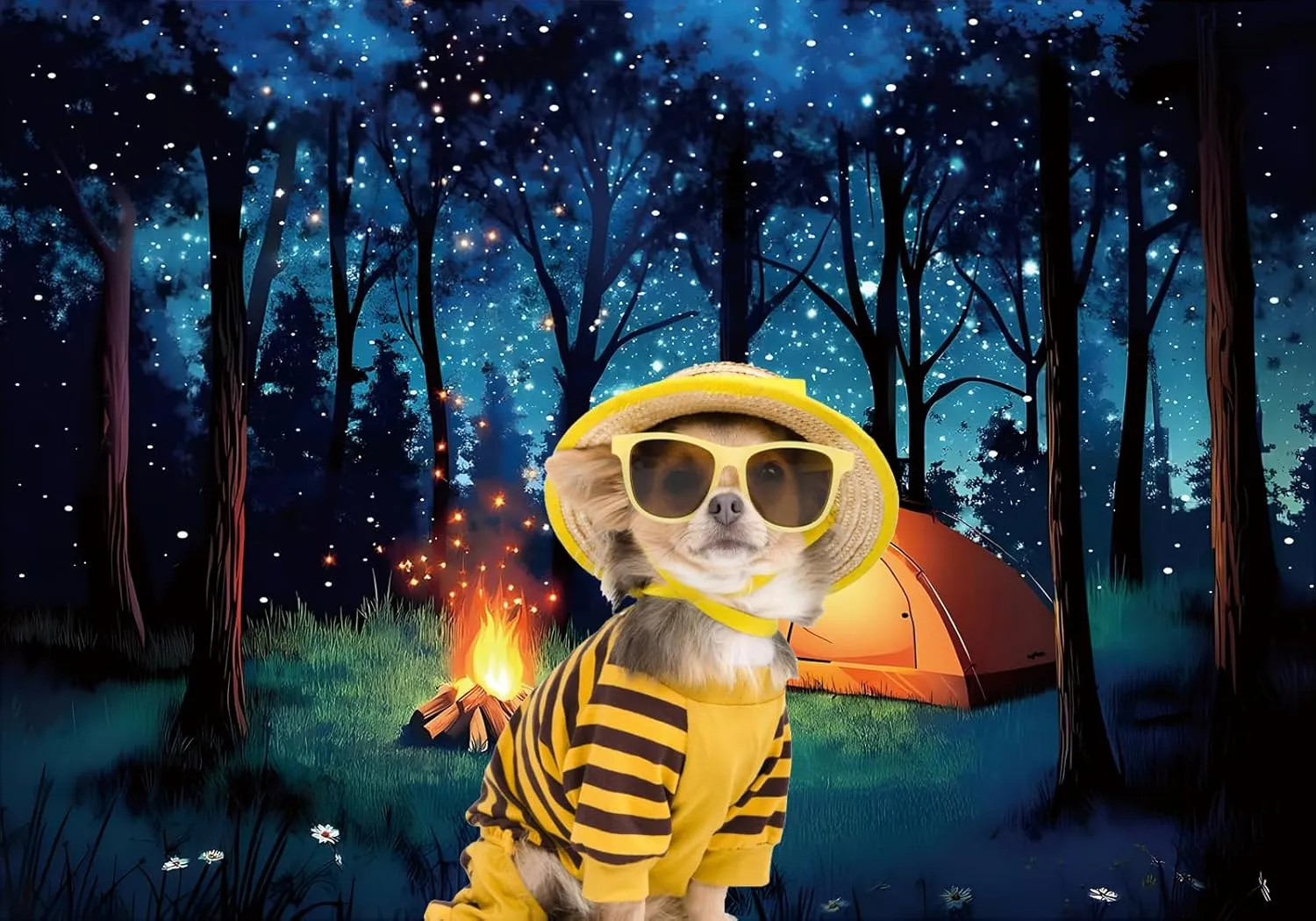 10x7FT Fabric Camping Backdrop Forest Scene Camping Party Background Travel Mountains Adventure Holiday Vacation Birthday Decoration Banner Night Stars Campfire Forest Photo Shoot Props