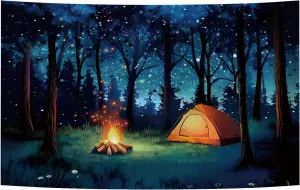 10x7FT Fabric Camping Backdrop Forest Scene Camping Party Background Travel Mountains Adventure Holiday Vacation Birthday Decoration Banner Night Stars Campfire Forest Photo Shoot Props