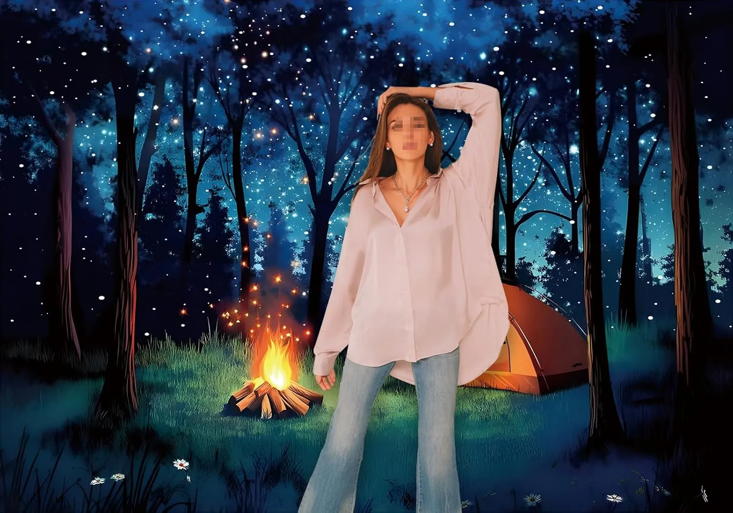 10x7FT Fabric Camping Backdrop Forest Scene Camping Party Background Travel Mountains Adventure Holiday Vacation Birthday Decoration Banner Night Stars Campfire Forest Photo Shoot Props