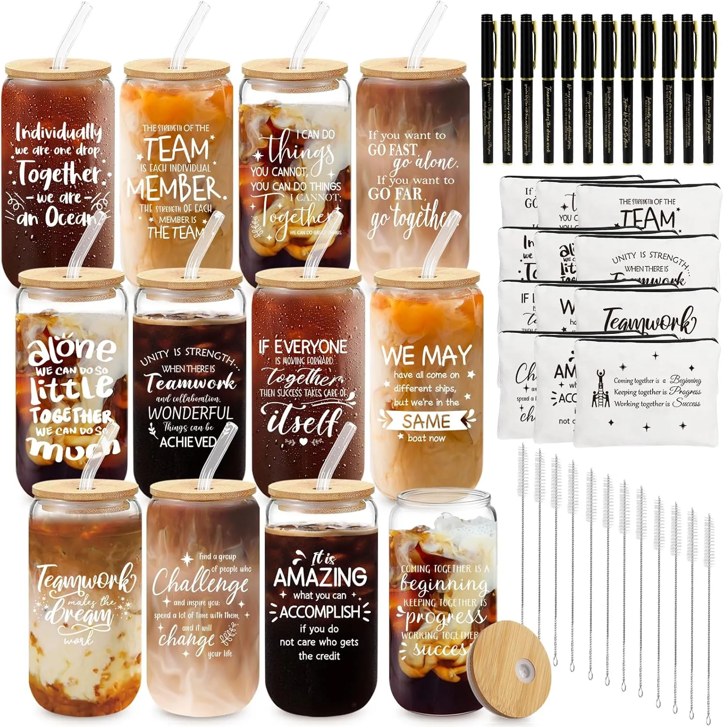 12 Set Employee Appreciation Gifts Bulk, Thank You Gifts for Coworker Staff Teacher Nurses, Christmas Glasses Cups 16 oz Can Shaped Beer Glass Makeup Bag Ballpoint Pen for Women Men (Team Motivation)