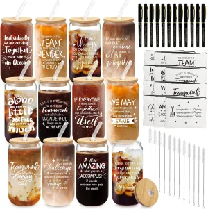 12 Set Employee Appreciation Gifts Bulk, Thank You Gifts for Coworker Staff Teacher Nurses, Christmas Glasses Cups 16 oz Can Shaped Beer Glass Makeup Bag Ballpoint Pen for Women Men (Team Motivation)