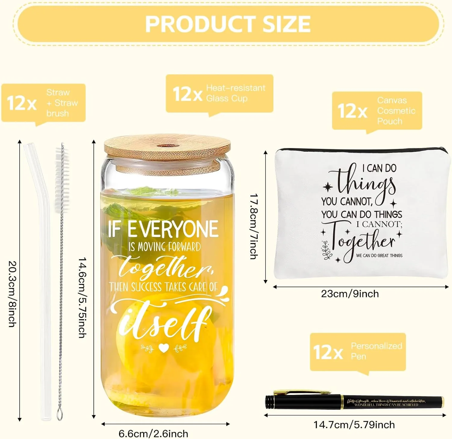 12 Set Employee Appreciation Gifts Bulk, Thank You Gifts for Coworker Staff Teacher Nurses, Christmas Glasses Cups 16 oz Can Shaped Beer Glass Makeup Bag Ballpoint Pen for Women Men (Team Motivation)