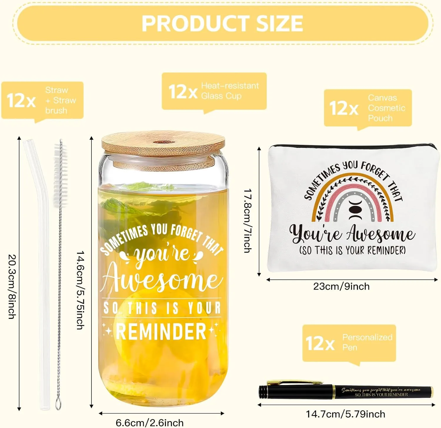 12 Set Employee Appreciation Gifts Thank You Gifts Bulk for Coworker Staff Teacher Nurses, Thank You Glass Cups 16 oz Can Shaped Beer Glass Makeup Bag Ballpoint Pen for Women Men (Sometimes)