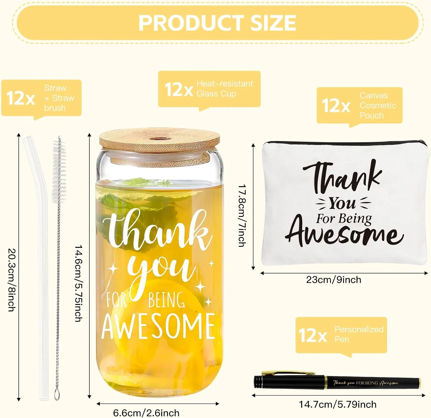 12 Set Employee Appreciation Gifts Thank You Gifts Bulk for Coworker Staff Teacher Nurses, Thank You Glass Cups 16 oz Can Shaped Beer Glass Makeup Bag Ballpoint Pen for Women Men (Thank You)