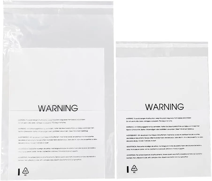 12” X 15” (100 Count) Clear Poly Bags with Suffocation Warning for Packaging, T Shirts & Mailing - Permanent Adhesive (100 Count 12''x15'')