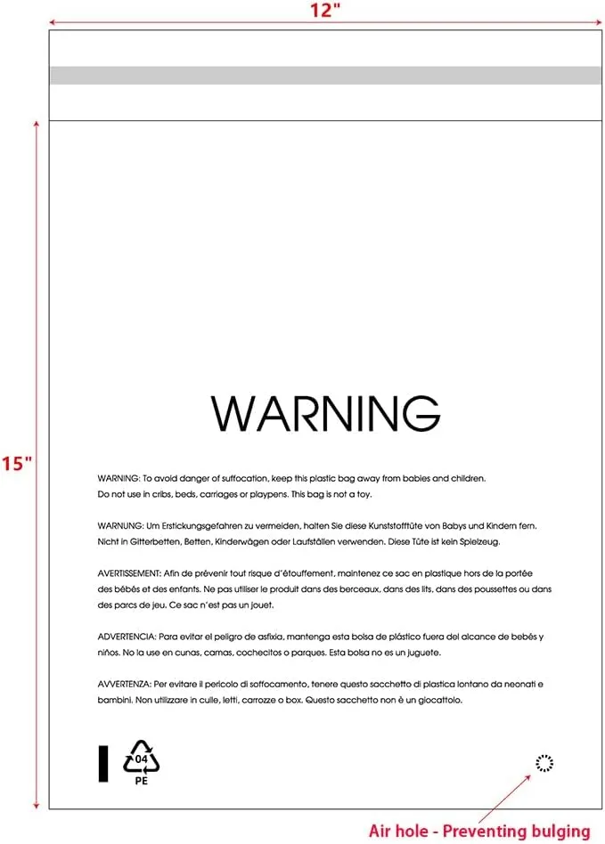 12” X 15” (100 Count) Clear Poly Bags with Suffocation Warning for Packaging, T Shirts & Mailing - Permanent Adhesive (100 Count 12''x15'')