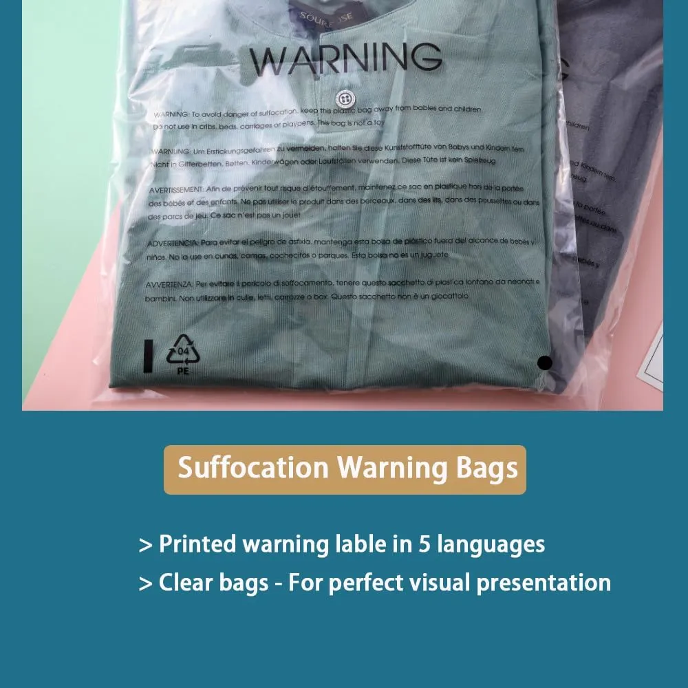 12” X 15” (100 Count) Clear Poly Bags with Suffocation Warning for Packaging, T Shirts & Mailing - Permanent Adhesive (100 Count 12''x15'')