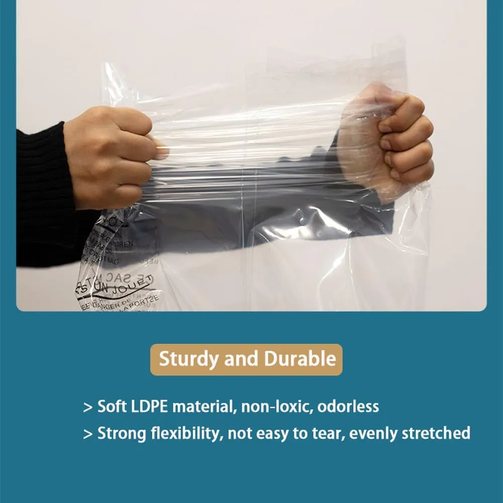 12” X 15” (100 Count) Clear Poly Bags with Suffocation Warning for Packaging, T Shirts & Mailing - Permanent Adhesive (100 Count 12''x15'')