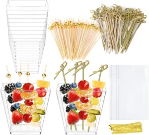 120 Pcs Plastic Disposable Charcuterie Cups with Sticks, 100 Portable Bags, 200pcs Cocktail Picks (2 Types), 7oz Clear Dessert Appetizer Cups for French Fry, Party Supplies
