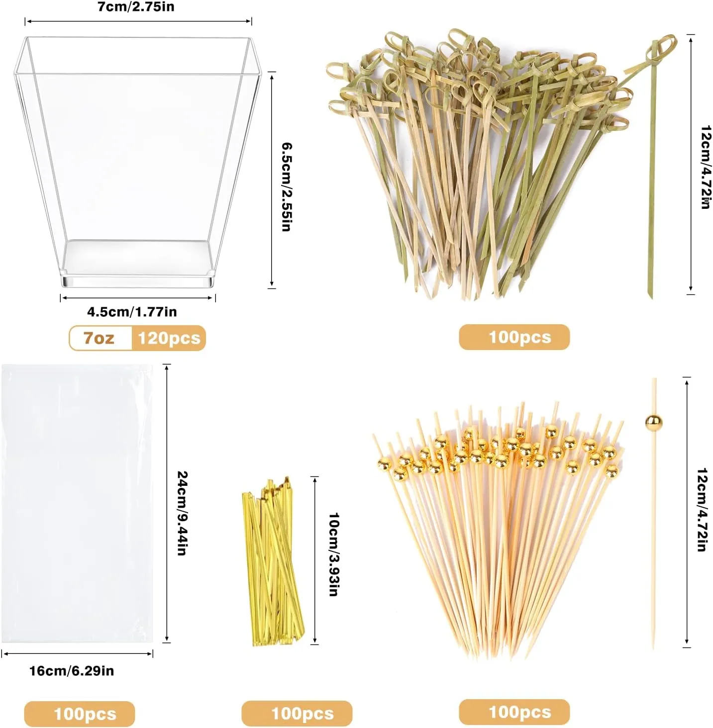120 Pcs Plastic Disposable Charcuterie Cups with Sticks, 100 Portable Bags, 200pcs Cocktail Picks (2 Types), 7oz Clear Dessert Appetizer Cups for French Fry, Party Supplies