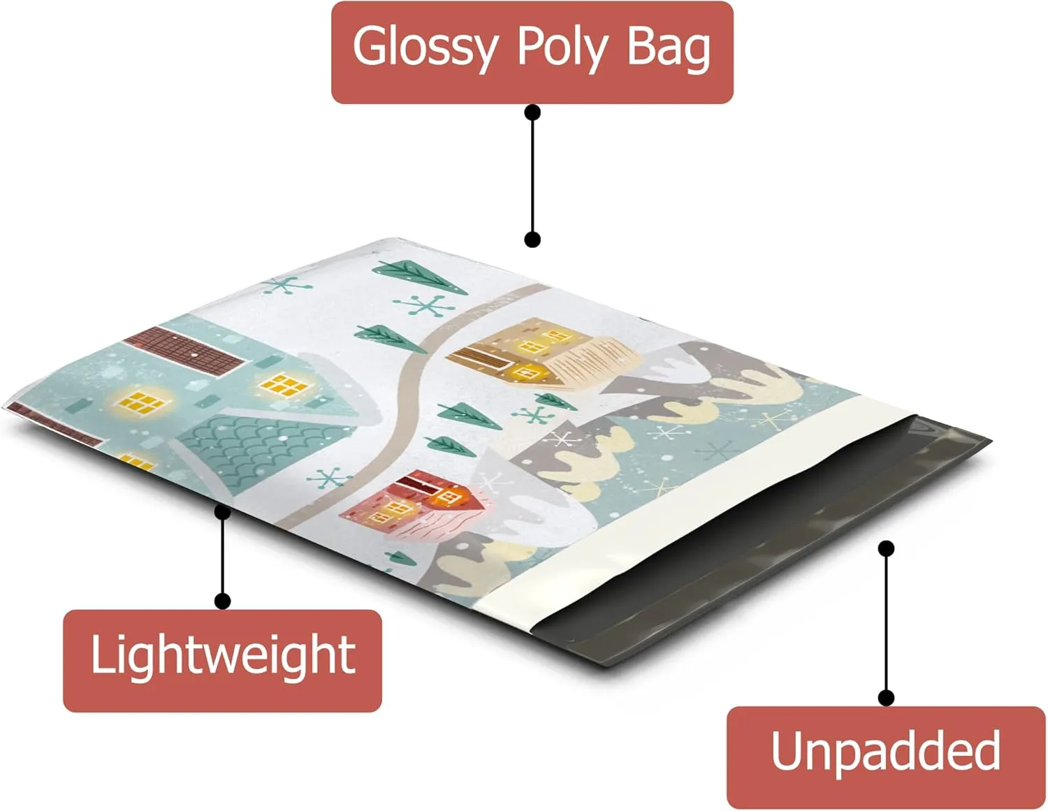 12x15 (50) Winter Village Christmas Designer Poly Mailers Self Sealing Waterproof Shipping Envelopes Holiday Premium Printed Bags For Small Businesses