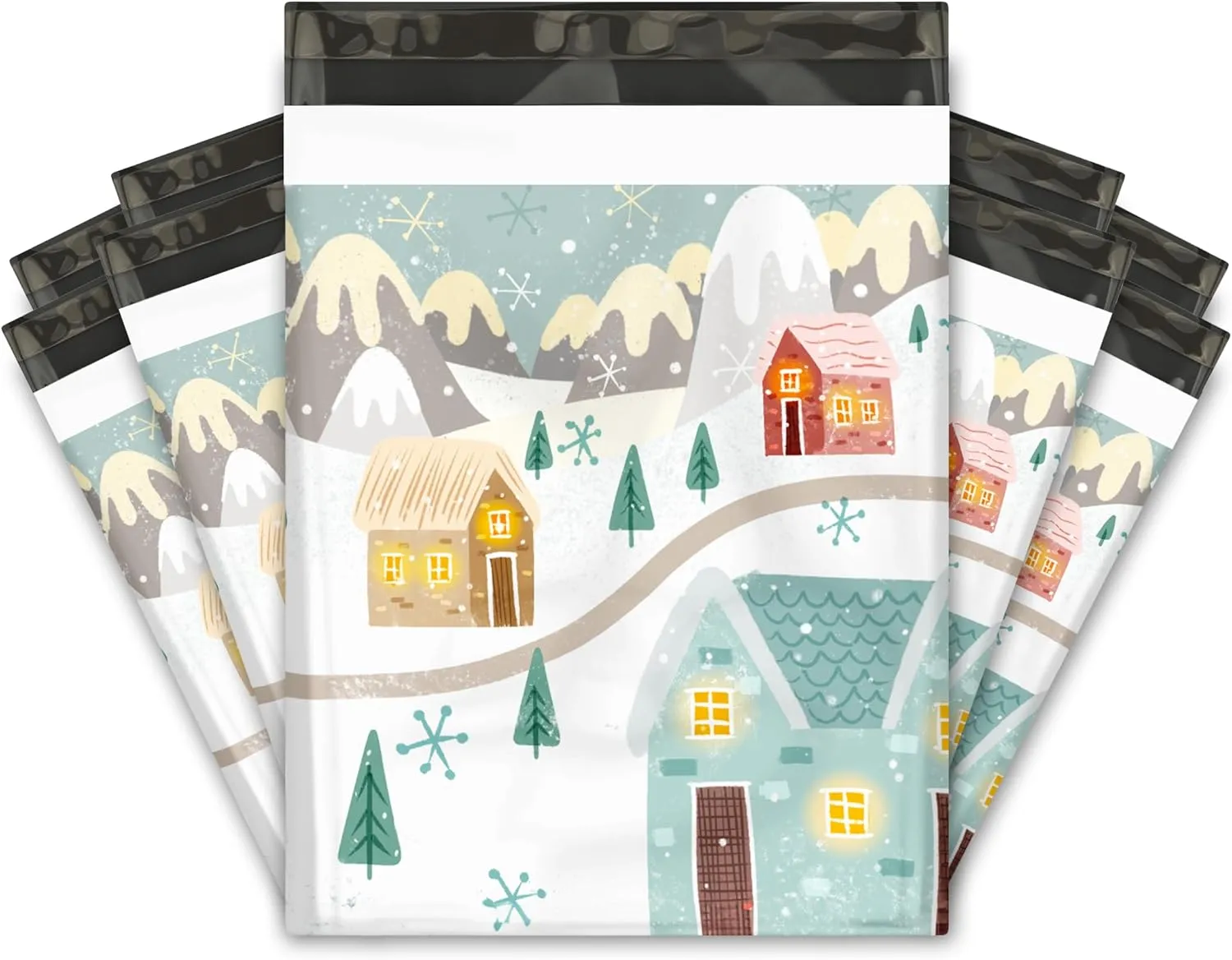 12x15 (50) Winter Village Christmas Designer Poly Mailers Self Sealing Waterproof Shipping Envelopes Holiday Premium Printed Bags For Small Businesses