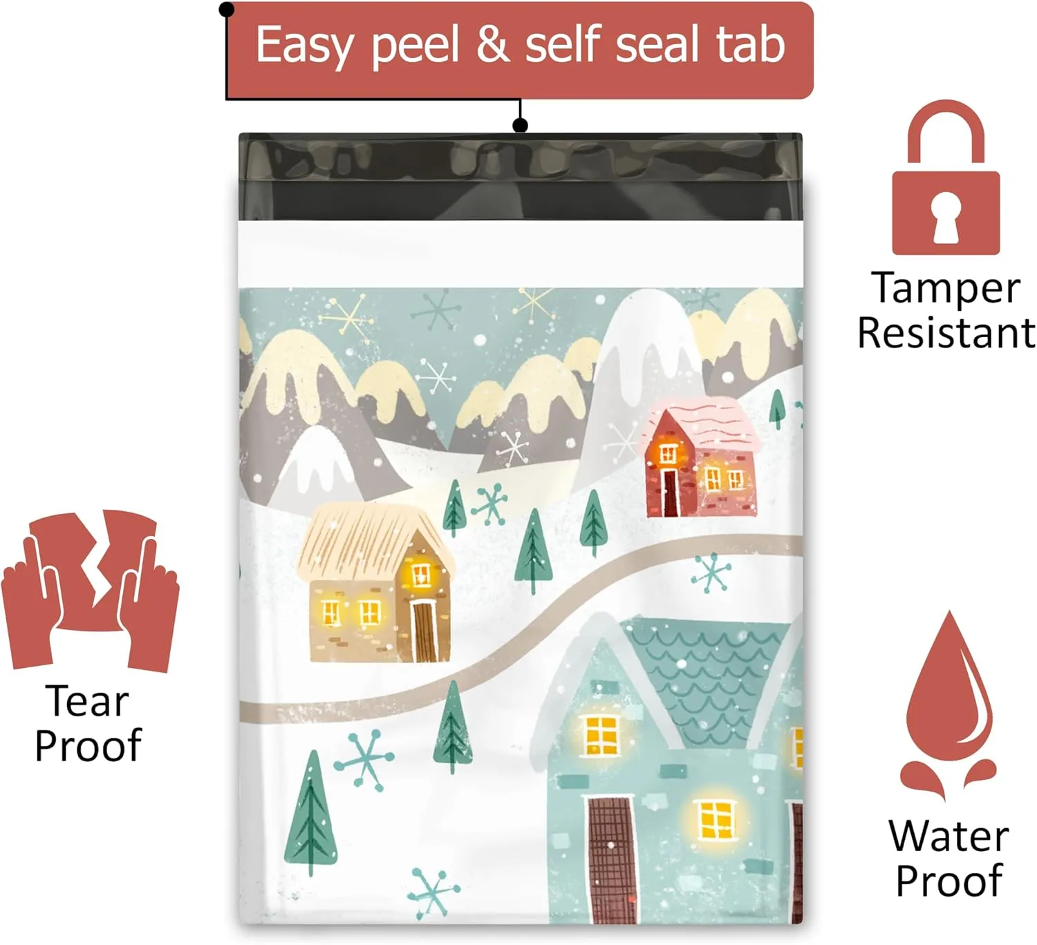 12x15 (50) Winter Village Christmas Designer Poly Mailers Self Sealing Waterproof Shipping Envelopes Holiday Premium Printed Bags For Small Businesses