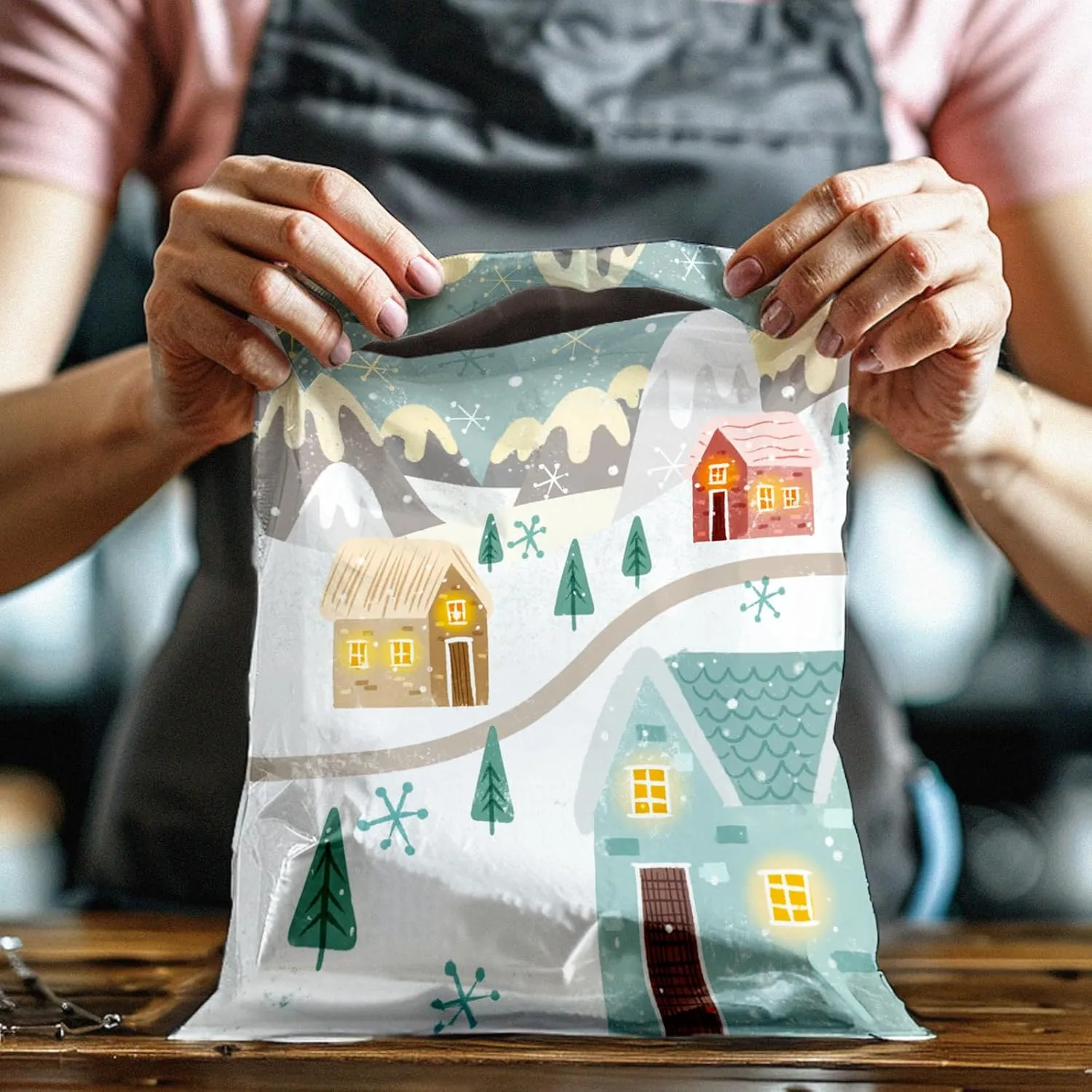 12x15 (50) Winter Village Christmas Designer Poly Mailers Self Sealing Waterproof Shipping Envelopes Holiday Premium Printed Bags For Small Businesses