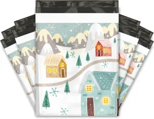 12x15 (50) Winter Village Christmas Designer Poly Mailers Self Sealing Waterproof Shipping Envelopes Holiday Premium Printed Bags For Small Businesses