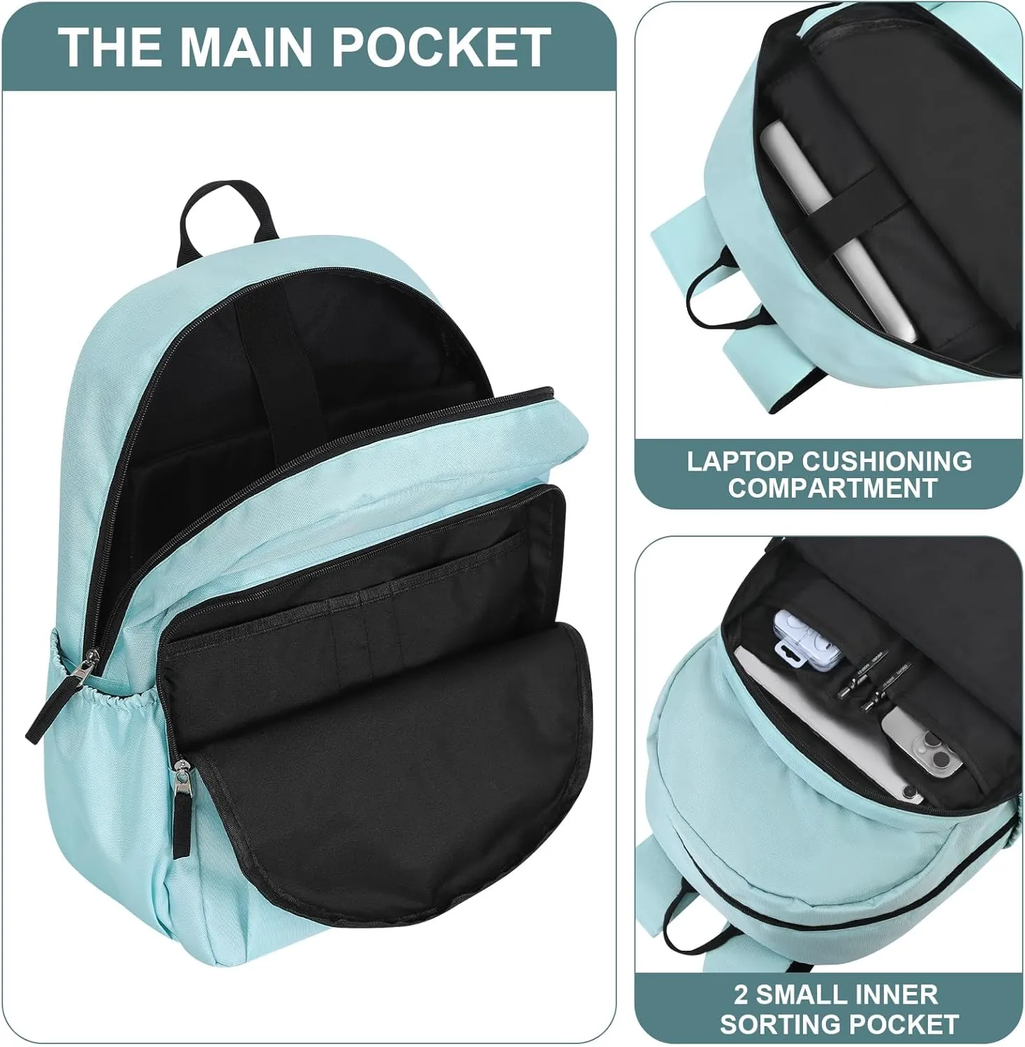 15.6 inch Basic Black Backpack for Men, Travel Backpack Carry on, Water Resistant School Backpacks Bookbag (Turquoise)