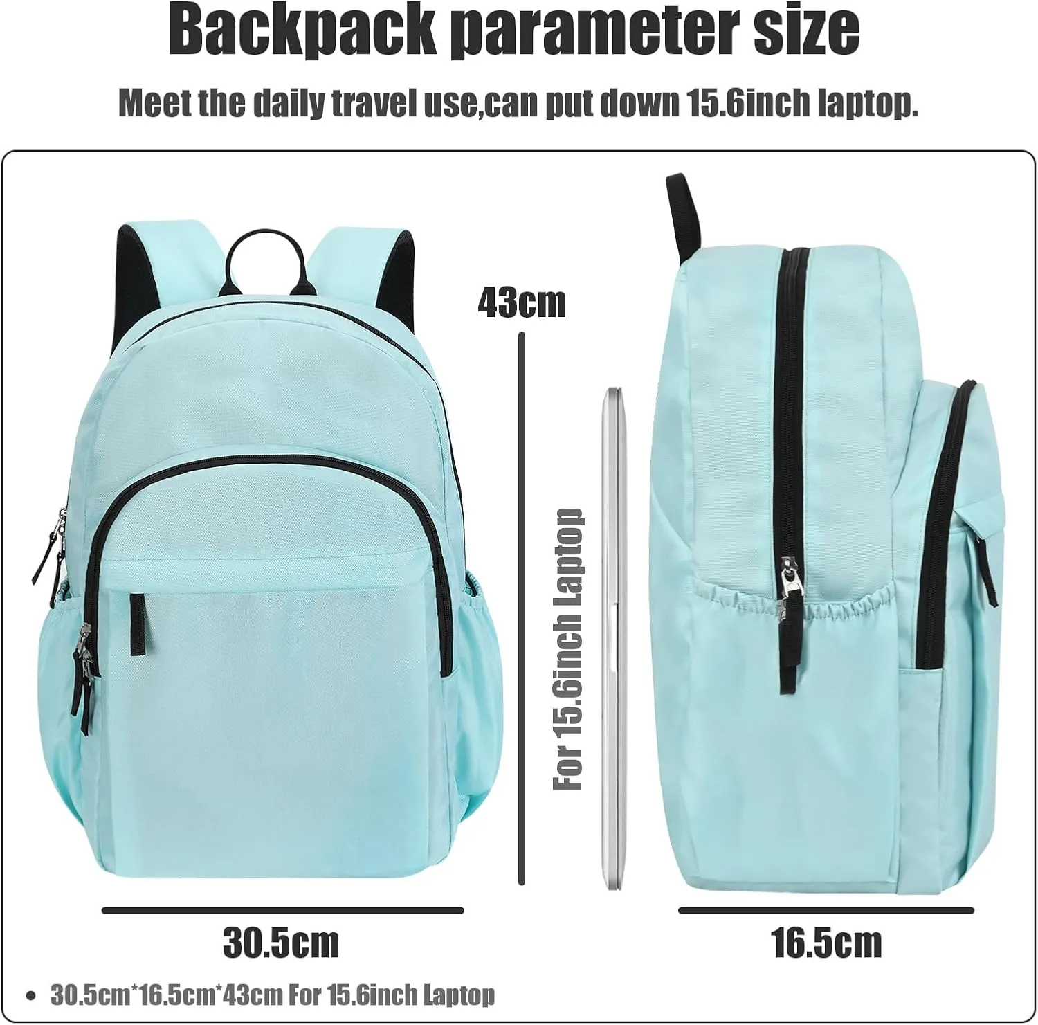 15.6 inch Basic Black Backpack for Men, Travel Backpack Carry on, Water Resistant School Backpacks Bookbag (Turquoise)
