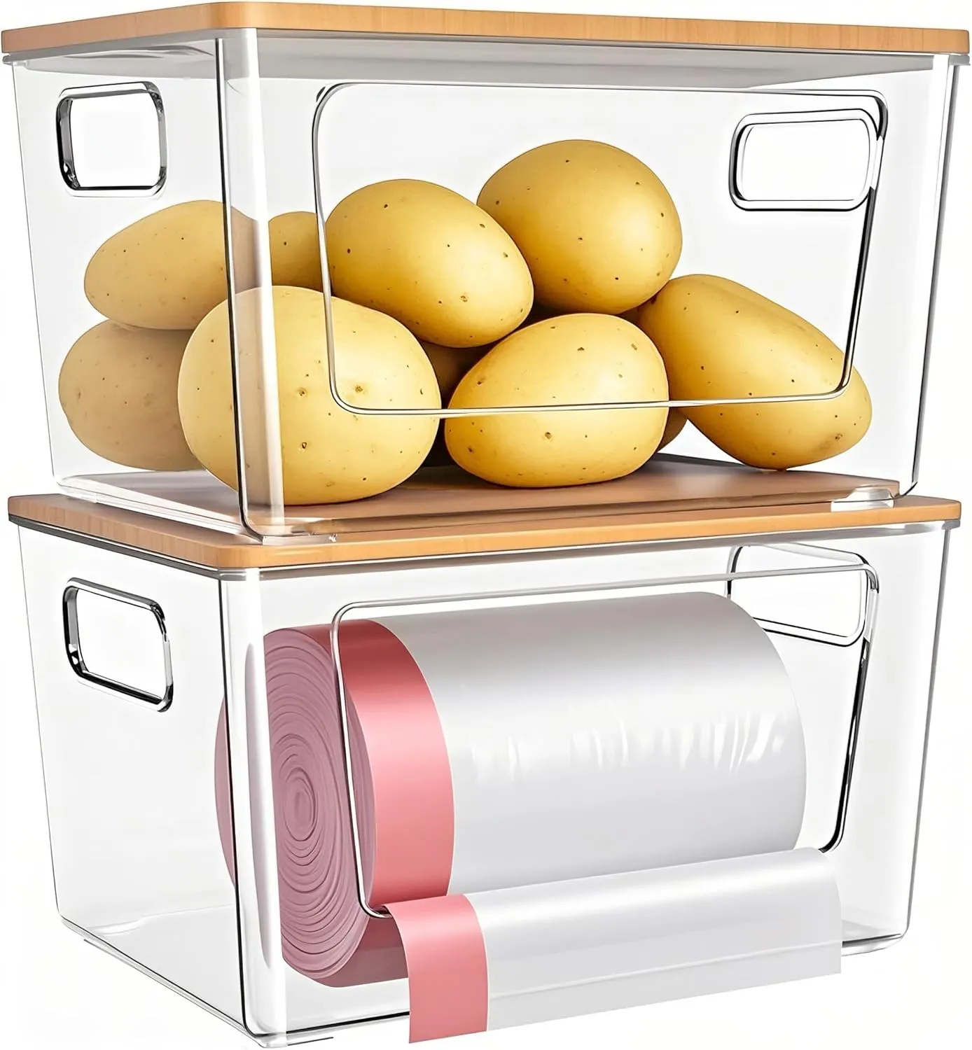 2-Pack Trash Bag Holder,Stackable Trash Bags Dispenser with Bamboo Lid –Extra Large Garbage Bag Holder for Kitchen, Laundry Room,Under-Sink Storage Organization