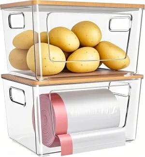 2-Pack Trash Bag Holder,Stackable Trash Bags Dispenser with Bamboo Lid –Extra Large Garbage Bag Holder for Kitchen, Laundry Room,Under-Sink Storage Organization