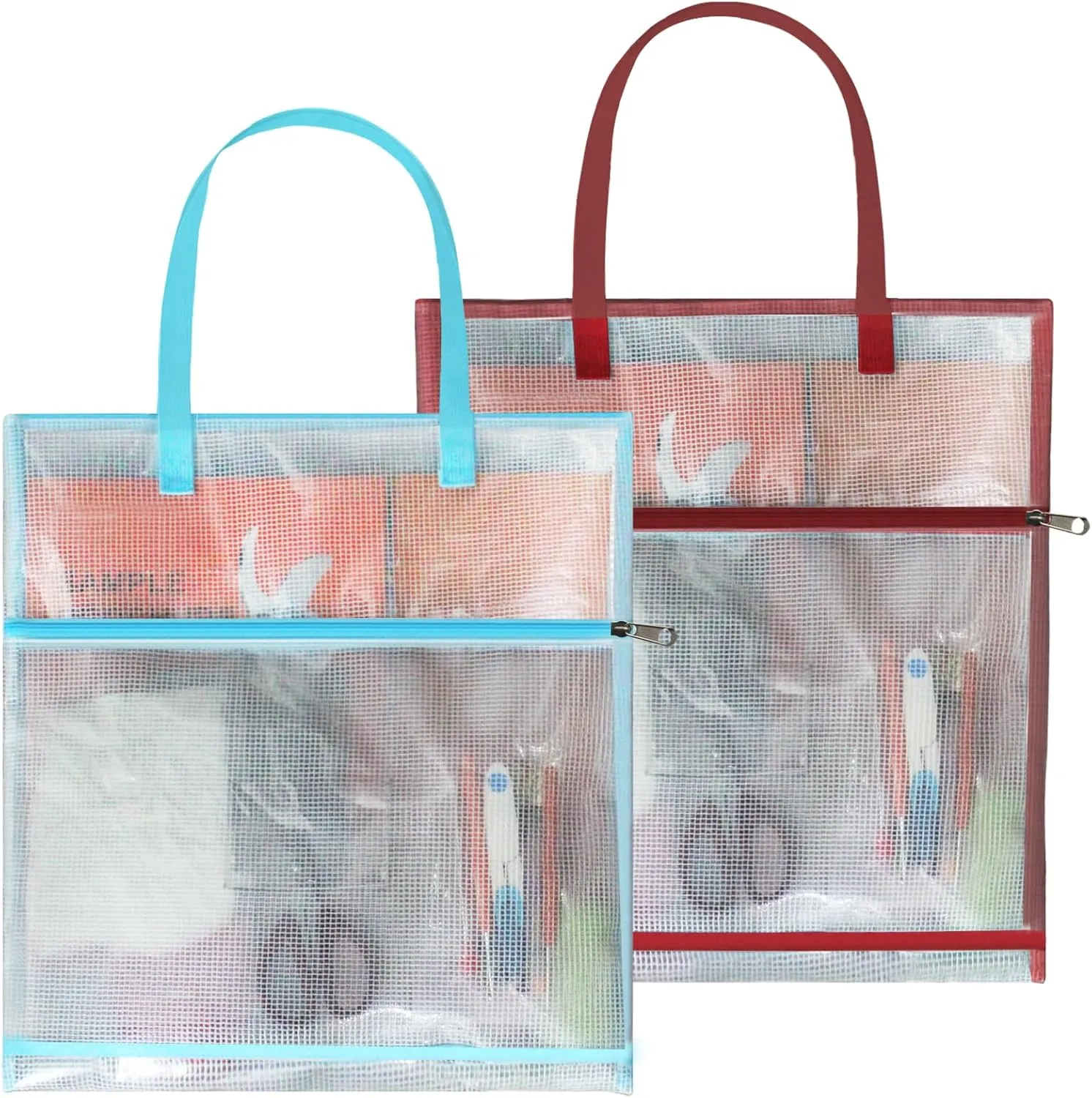 2 Pcs Project Bag for Quilting Craft Storage, 16.1’’ Transparent Sewing Bag with Zipper Suitable for Knitting, Embroidery and Other Project Storage(Red and Blue)