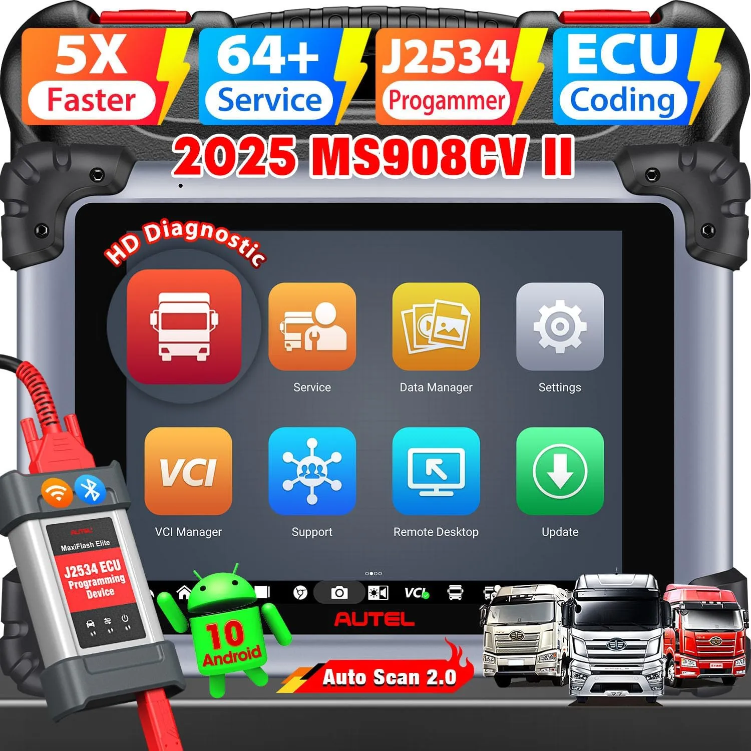 2025 Autel MaxiSys MS908CV II Truck Scanner, Upgrade of MS908CV Heavy Duty Diesel Scan Tool, J2534 ECU Coding, 3000  Test, 64 Service as MS909CV, All Systems Diagnostic, Auto Scan 2.0 10 OS 4/ 128GB