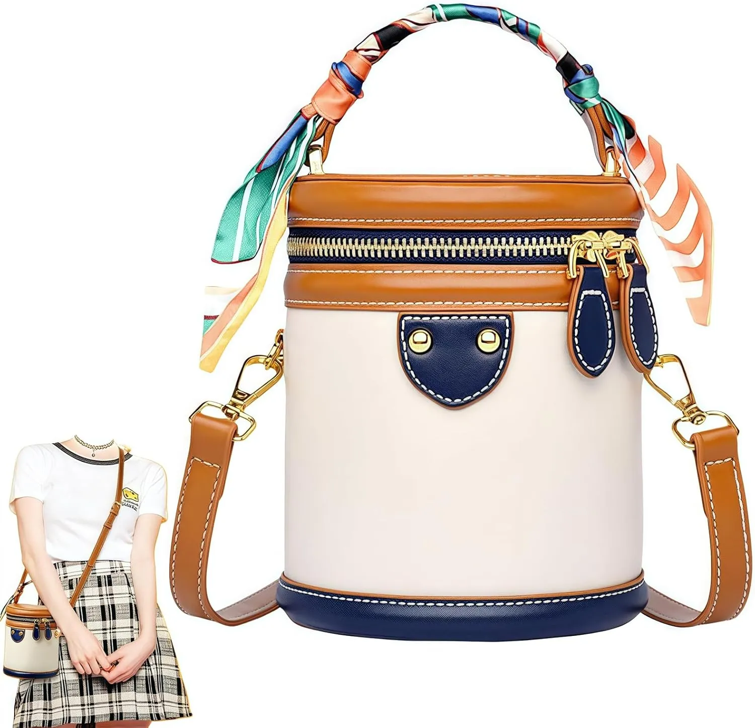 2025 New Summer Cylinder Bag, Colorblock Bucket Bag For Women, Fashionable Leather Crossbody Shoulder Handbag
