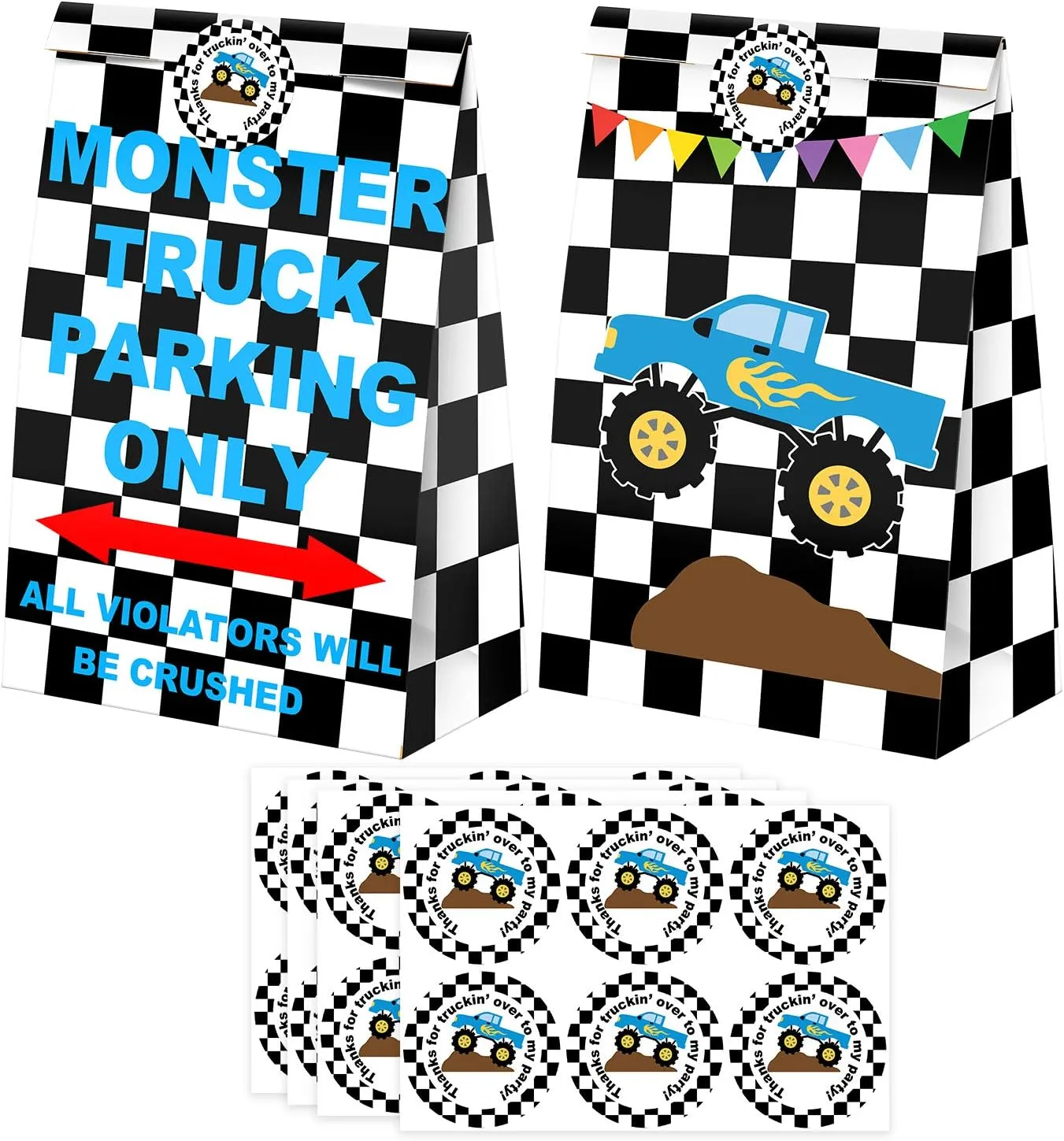 24 Pack Monster Truck Party Candy Favor Bags with Stickers, Monster Truck Goodie Gift Treat Bags Monster Truck Themed Birthday Party Supplies