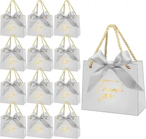 24 Pack Small Thank You Gift Bags With Handles, Mini Gift Bags Candy Bags Bulk with Gold Bow Ribbon for Baby Shower Birthday Wedding Party Favors Bridesmaid Celebration(5.5x2.5x4.7 Inch,Silvery)