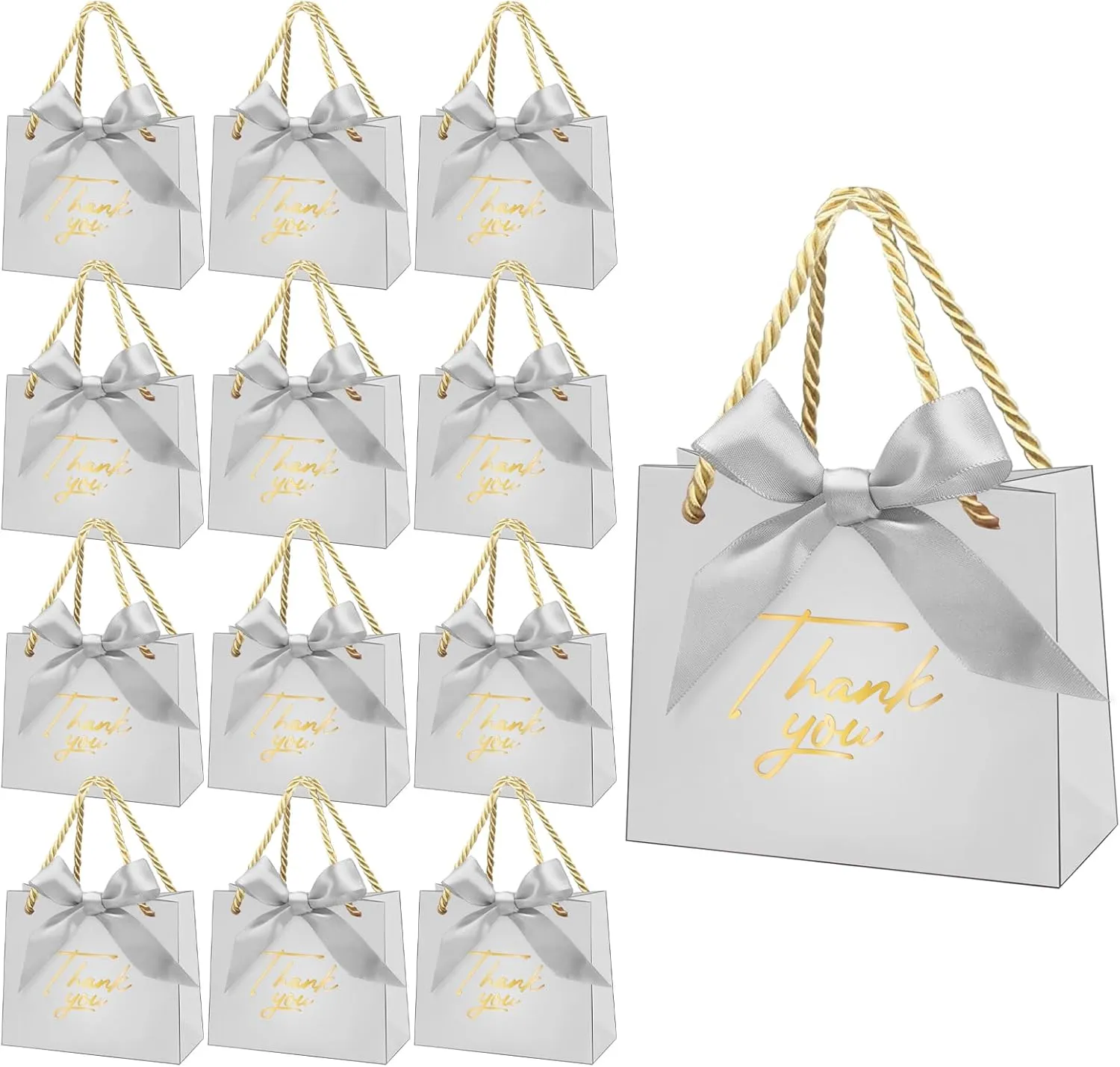 24 Pack Small Thank You Gift Bags With Handles, Mini Gift Bags Candy Bags Bulk with Gold Bow Ribbon for Baby Shower Birthday Wedding Party Favors Bridesmaid Celebration(5.5x2.5x4.7 Inch,Silvery)