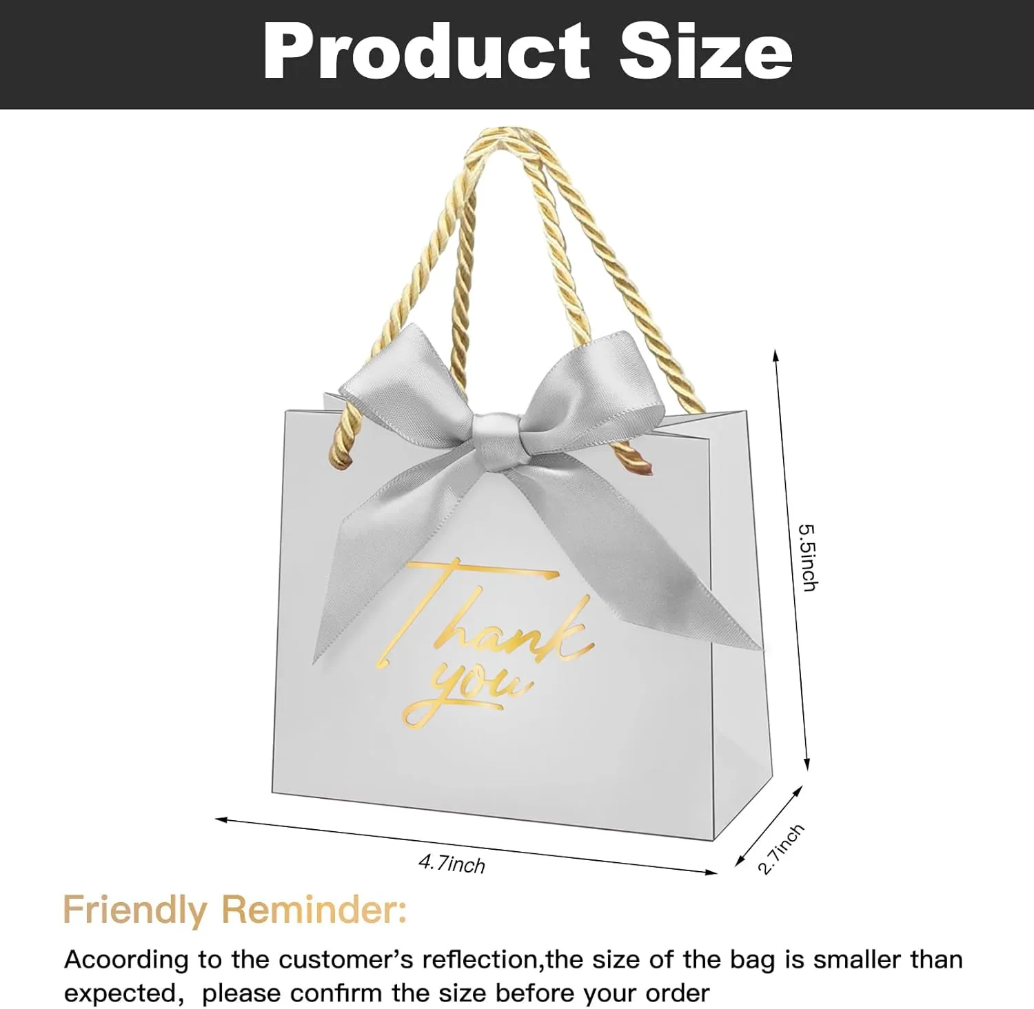 24 Pack Small Thank You Gift Bags With Handles, Mini Gift Bags Candy Bags Bulk with Gold Bow Ribbon for Baby Shower Birthday Wedding Party Favors Bridesmaid Celebration(5.5x2.5x4.7 Inch,Silvery)