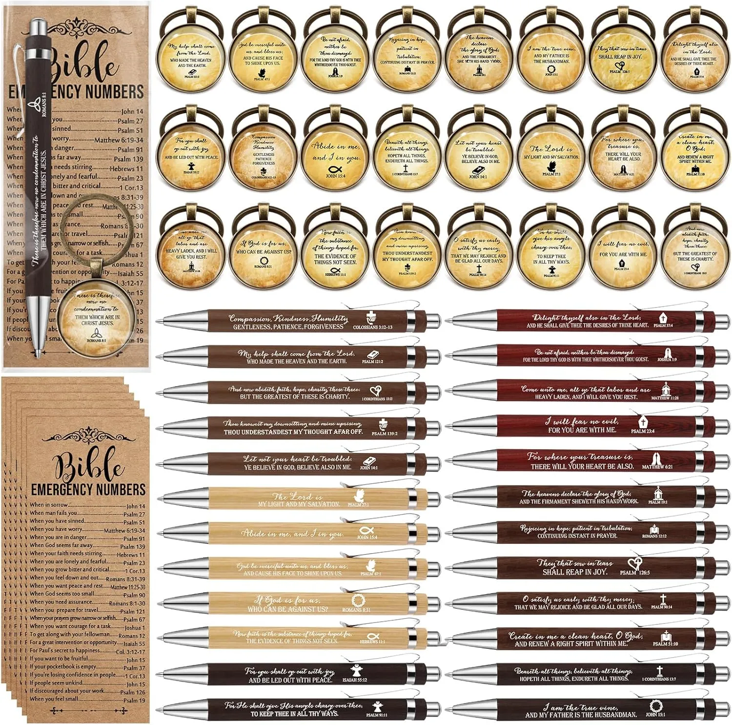 25 Sets 75 Pcs Christian Father Day Gift Bulk Bible Verse Pens Emergency Numbers Bookmarks Scripture Keychains for Women Men Church Baptism Souvenirs(Elegant Color)