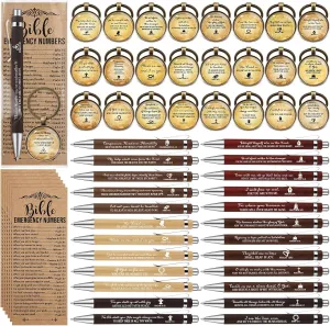 25 Sets 75 Pcs Christian Father Day Gift Bulk Bible Verse Pens Emergency Numbers Bookmarks Scripture Keychains for Women Men Church Baptism Souvenirs(Elegant Color)
