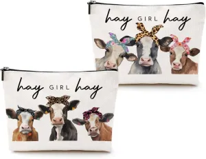 2pcs Cow Print Stuff Makeup Bag Western Cosmetic Bag Funny Graduation Birthday Cow Gifts for Women Girls Sister Coworker Zipper Makeup Pouch