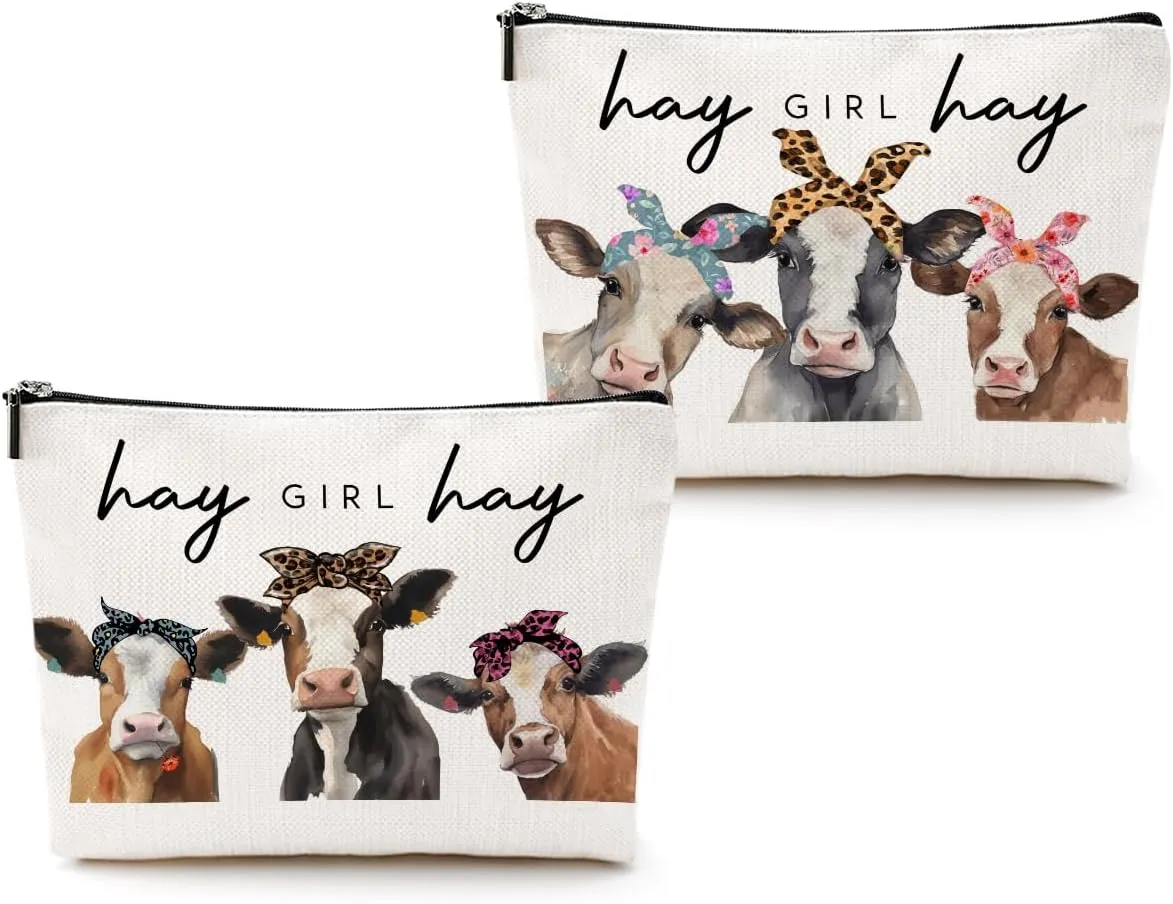 2pcs Cow Print Stuff Makeup Bag Western Cosmetic Bag Funny Graduation Birthday Cow Gifts for Women Girls Sister Coworker Zipper Makeup Pouch