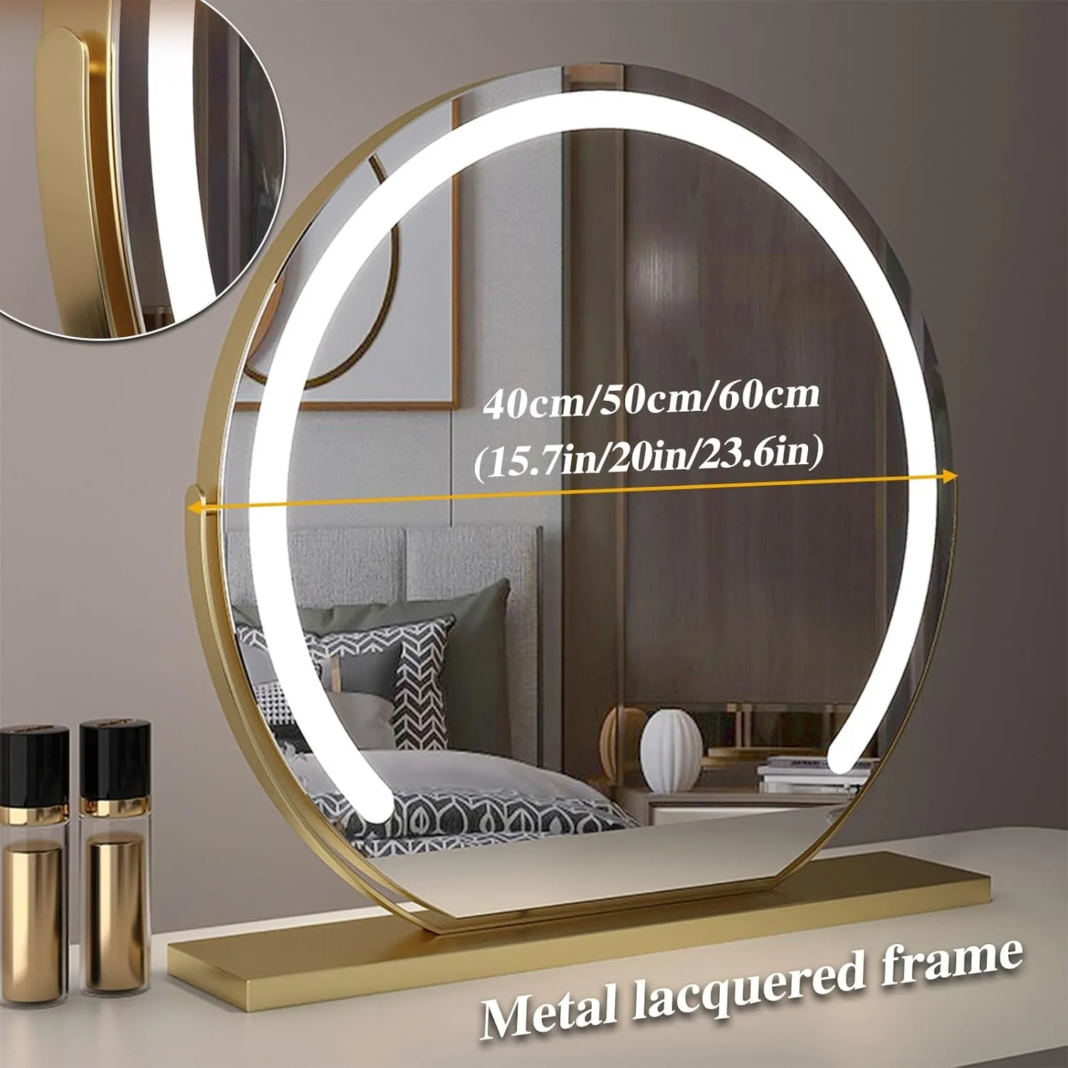 3 Colors Brightness Adjustable Makeup Mirror with Lights, Smart Touch Sensitive Makeup Vanity Mirror, 360°Rotation Vanity Mirror(Gold,40cm/15.7)