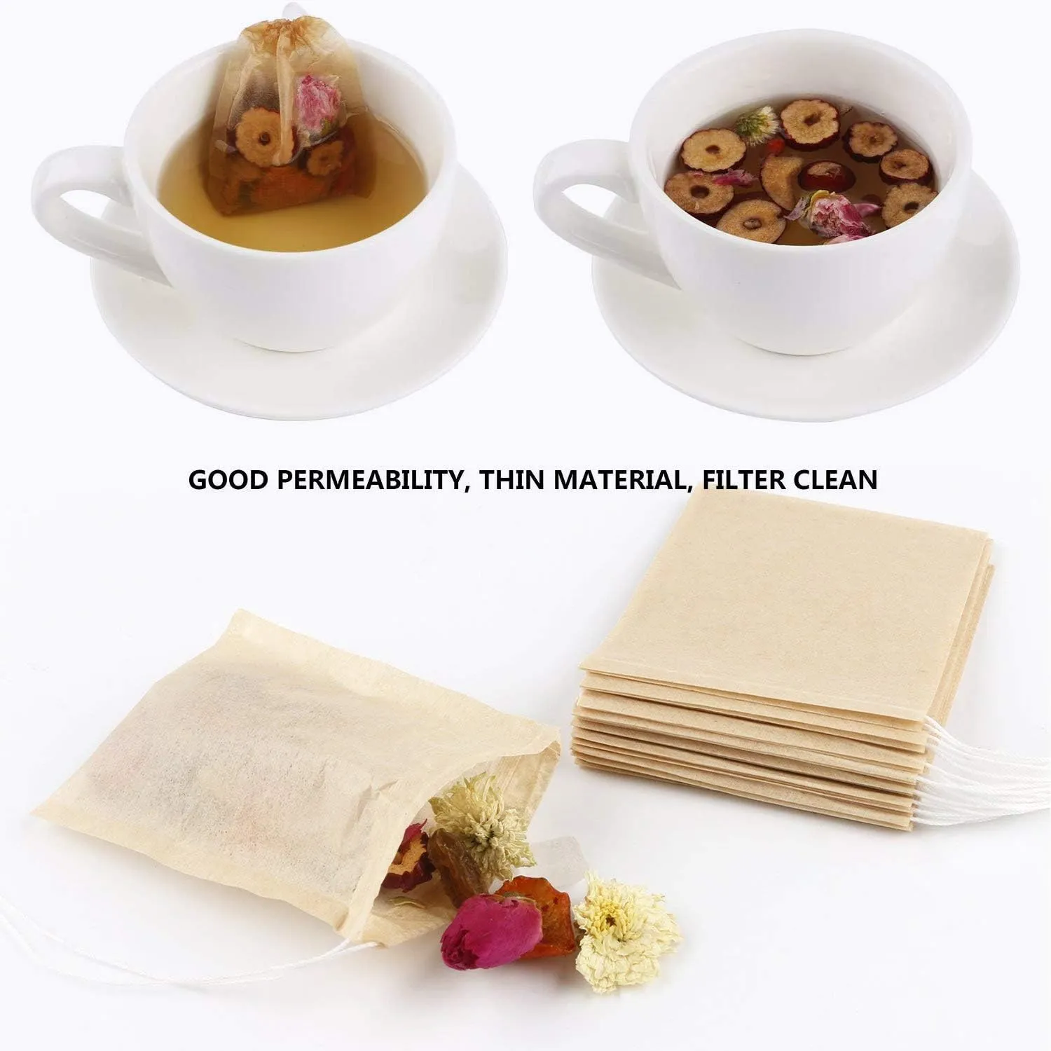 300PCS Tea Filter Bags, Disposable Paper Tea Bag with Drawstring Safe Strong Penetration Unbleached Paper for Loose Leaf Tea and Coffee（6x8CM）