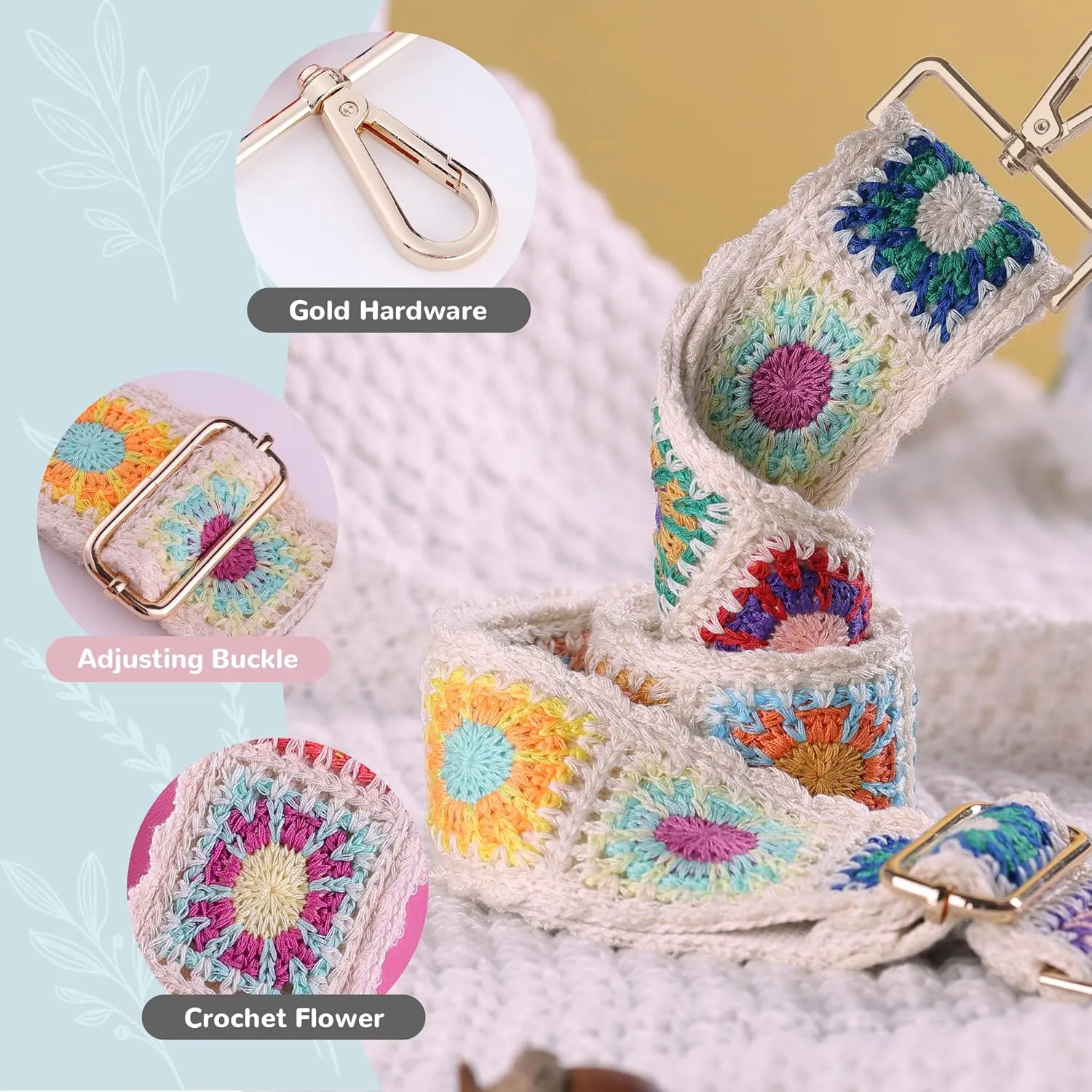 3D Flower Crochet Purse Strap 2" Wide,Bag Strap Replacement for Crossbody Adjustable(Gold Hardware)