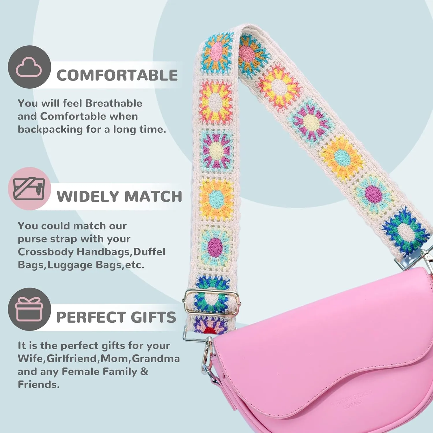 3D Flower Crochet Purse Strap 2" Wide,Bag Strap Replacement for Crossbody Adjustable(Gold Hardware)