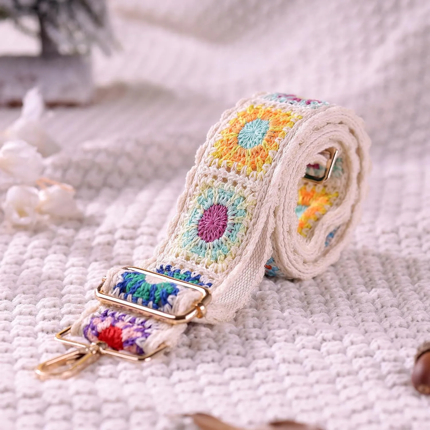 3D Flower Crochet Purse Strap 2" Wide,Bag Strap Replacement for Crossbody Adjustable(Gold Hardware)