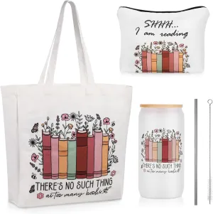 3PCS Book Lover Gift Set - 16oz Drinking Glass with Lid & Straw, Tote Bag & Makeup Bag - Ideal Teacher Appreciation, Readers & Librarians Gift Set - Reusable Grocery Bags for Women