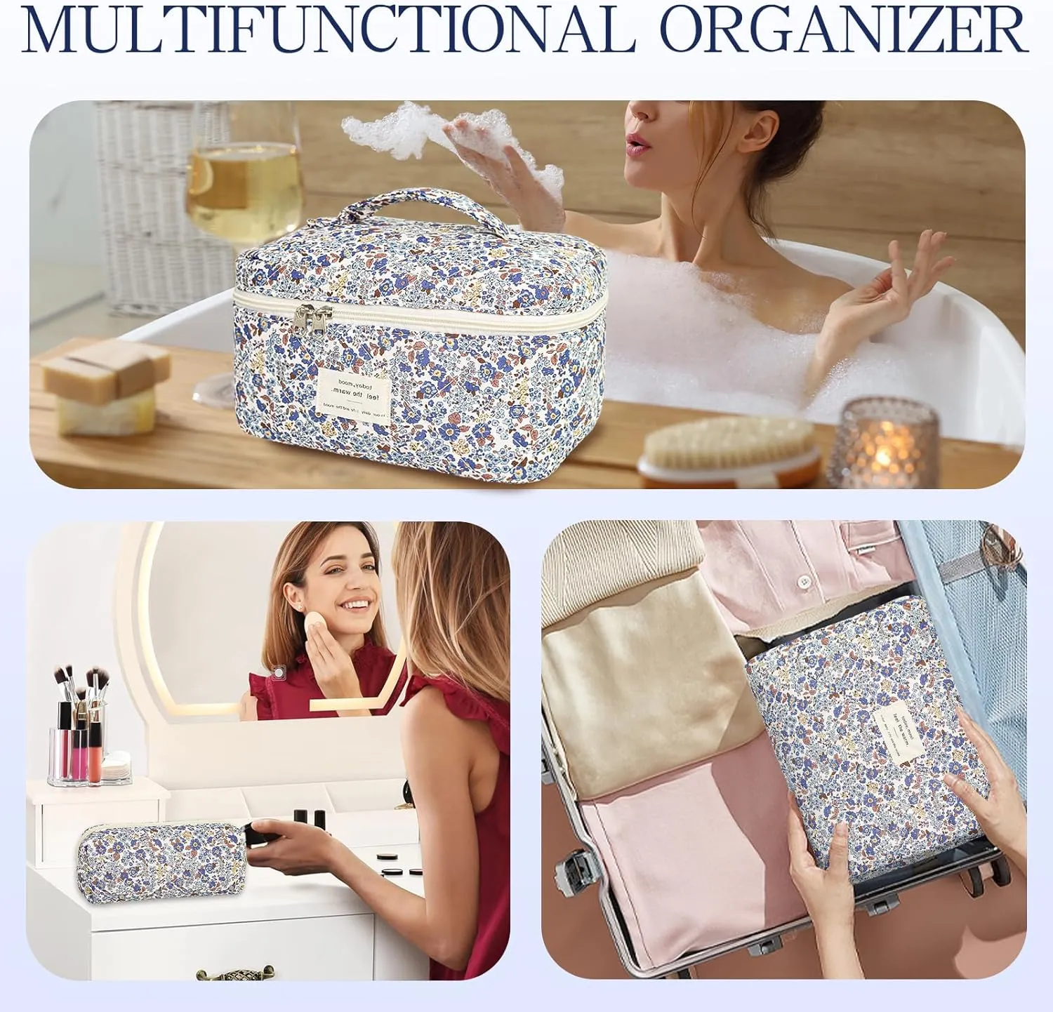 3Pcs Travel Makeup Bag Organizer, Toiletry Bag for Women, Cosmetic Bags for Women Travel Set, Cute Makeup Bags, Quilted Cosmetic Bag, Women's Quilted Toiletry Bag Storage