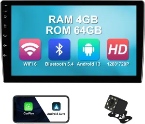 4 64G 10.1-inch Android 12 Car Stereo IPS Touchscreen Screen Car Radio with Carplay & Android Auto Support Bluetooth 5.4 & WiFi 6 Backup Camera GPS FM Navi Steering Wheel Controls