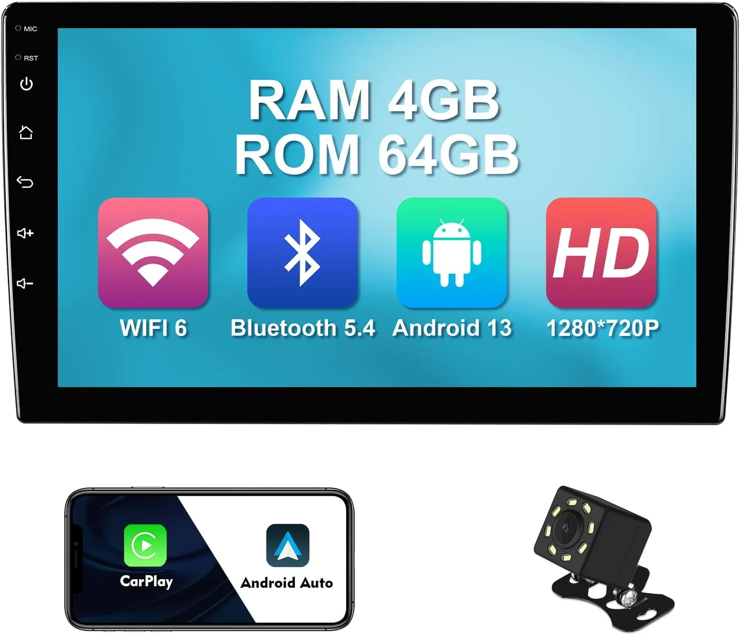 4 64G 10.1-inch Android 12 Car Stereo IPS Touchscreen Screen Car Radio with Carplay & Android Auto Support Bluetooth 5.4 & WiFi 6 Backup Camera GPS FM Navi Steering Wheel Controls