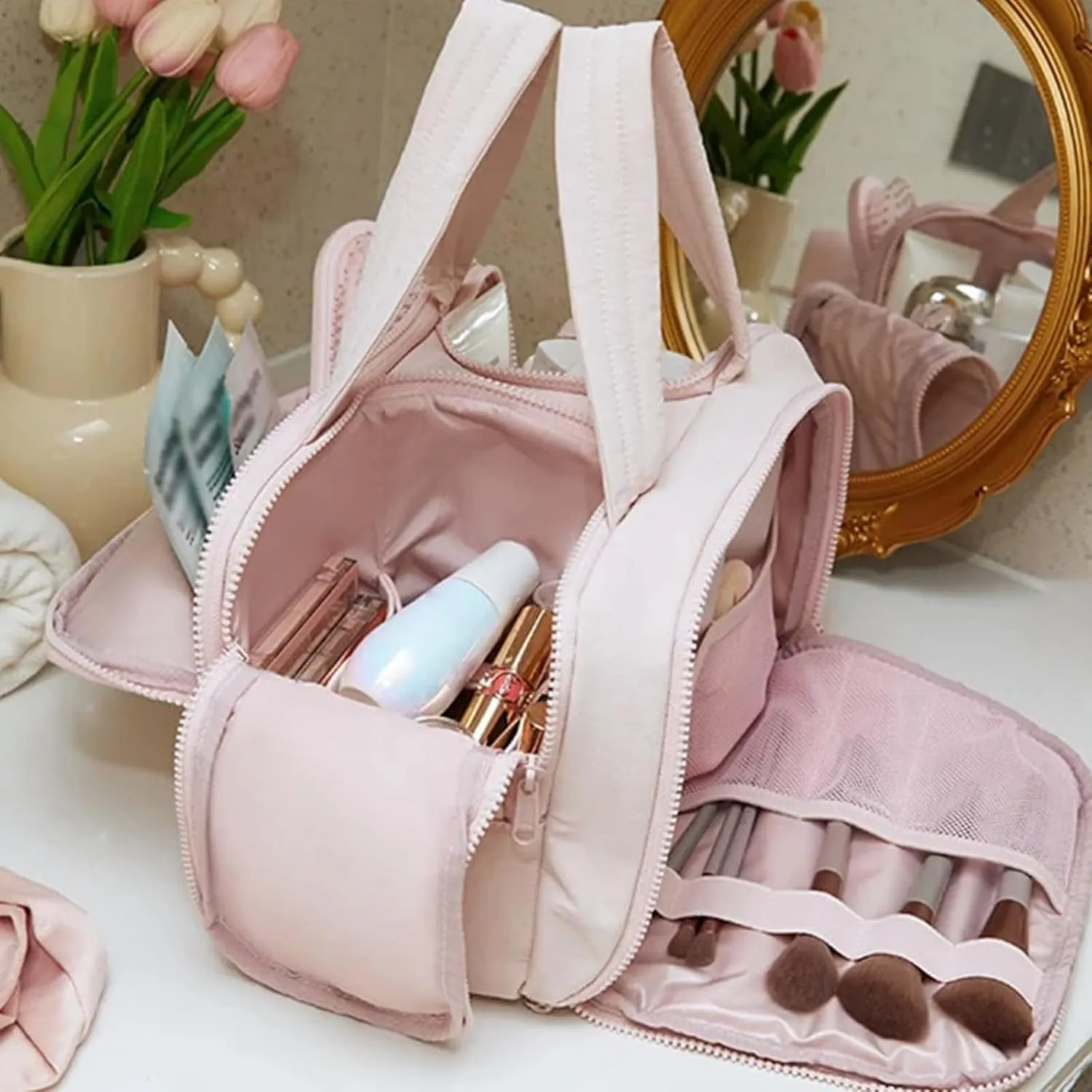 4-in-1 Multifunctional Travel Cosmetic Bag, Large-Capacity Travel Cosmetic Bag, 4-in-1 Puffy Multi-functional Toiletry Bag, 2025 New Camping Toiletry Bag for Women Traveling (Pink Black)