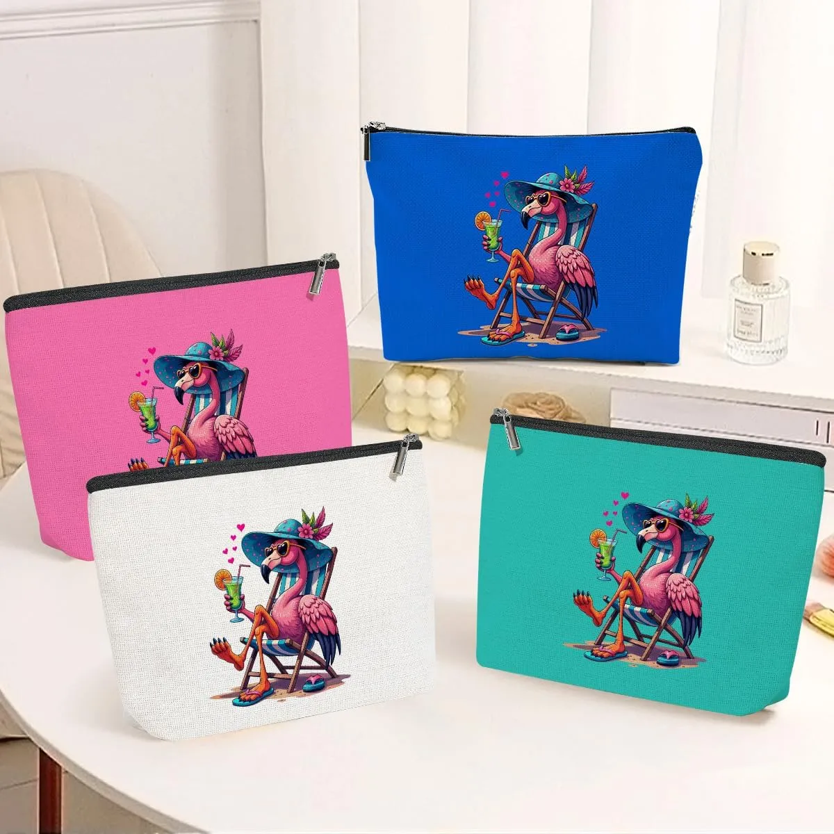 4 Pack Beach Summer Whimsical Bird Flamingo Gifts Makeup Bag, Travel Essentials Cosmetic Bags for Women Teacher Sister Girl Trip, Travel Toiletry Bag for Graduation Birthday Christmas Weekend Vacation