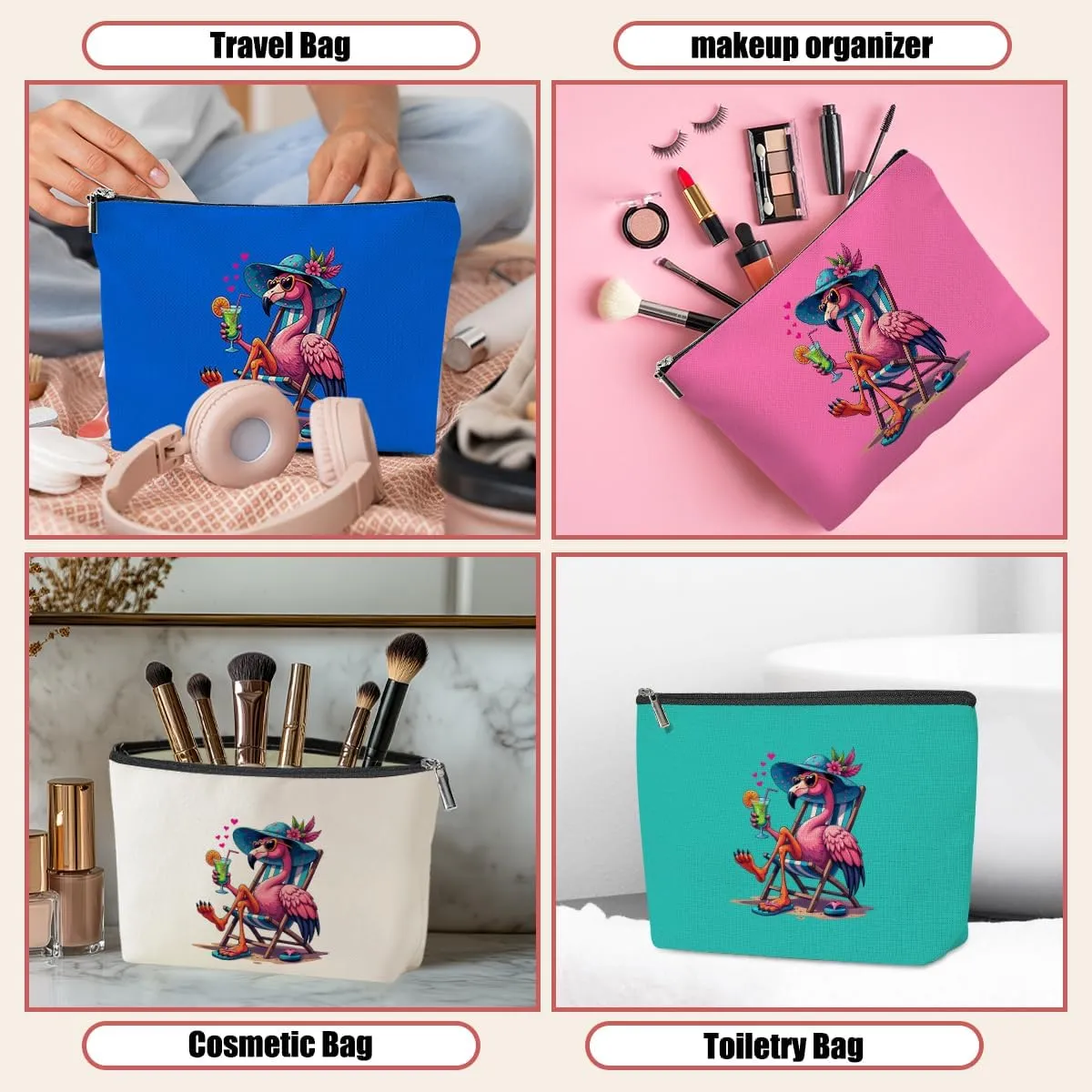 4 Pack Beach Summer Whimsical Bird Flamingo Gifts Makeup Bag, Travel Essentials Cosmetic Bags for Women Teacher Sister Girl Trip, Travel Toiletry Bag for Graduation Birthday Christmas Weekend Vacation